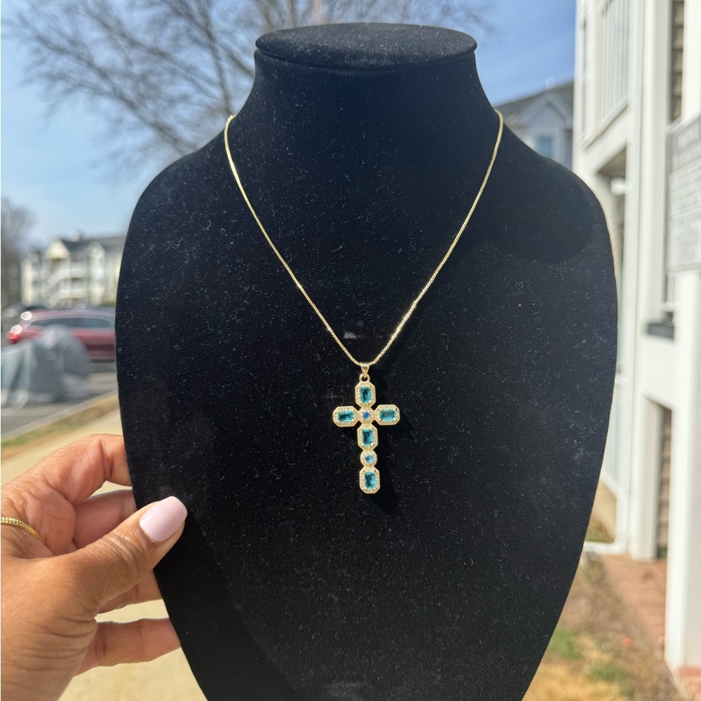 Gold and Blue Cross Pendant Necklace